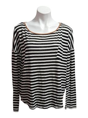 Hem & Thread Black & White Striped Long-Sleeve Top with Tan Trim